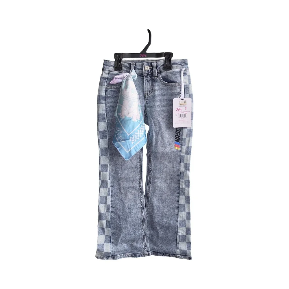 Justice x NASCAR Girls Flare Jeans Light Wash Checkered Side Bandana Size 7